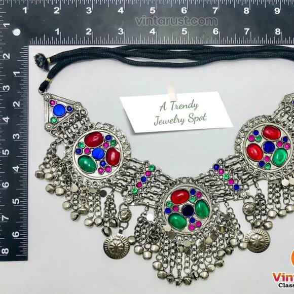 Afghan Three Rings Necklace With Red and Green Glass Stones, Kuchi Tribal Bib - Picture 6 of 9